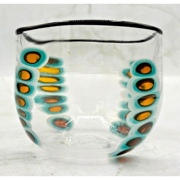 Hand Blown Art Glass Tumbler‎ Amber & Turquoise Oval Cane Design Artist Signe 04 - Picture 4 of 16